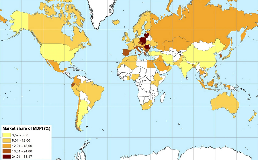 Kartta MDPI:n lehtien markkinaosuuden jakautumisesta maailmanlaajuisesti.