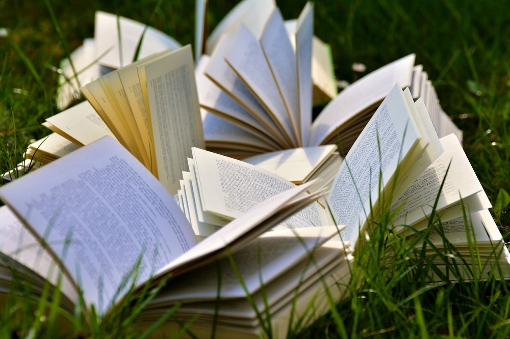 Photo of books on a grass.
