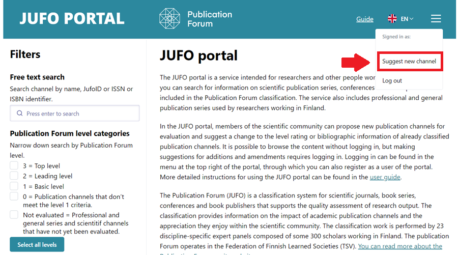 Screenshot of the JUFO portal.