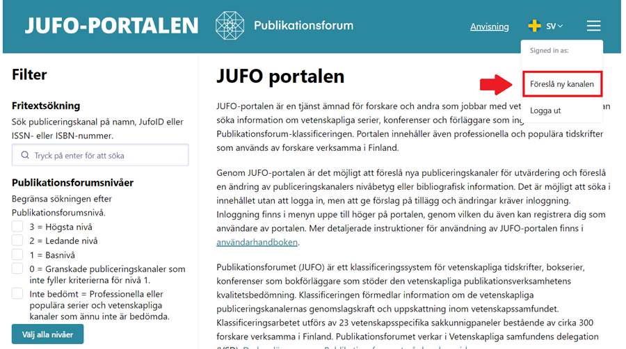 Skärmdump från JUFO-portalen.