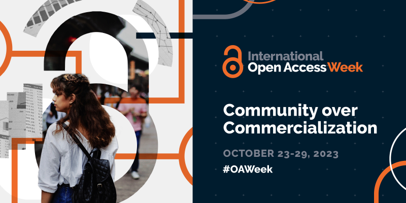 Kuvituskuva: OA-viikon grafiikka. Vasemmalla puolella etualalla ruskeahiuksinen nainen, joka katsoo vasemman olkapäänsä ohi. Taustalla OA-viikon logo. Oikealla puolella lukee "International Open Access Week. Community over Commercialization. October 23-29, 2023 #OAWeek"