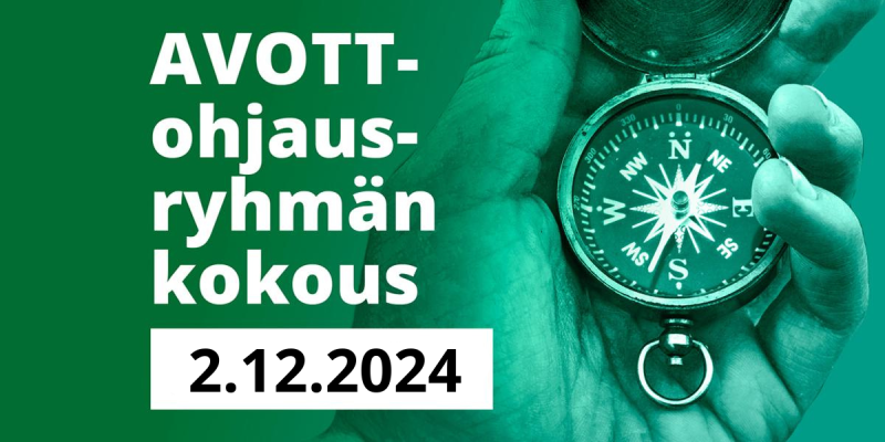 Kuvituskuva, jossa on teksti AVOTT-ohjausryhmän kokous 2.12.2024 sekä taustalla käsi, joka pitelee kompassia.