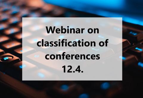 Image of a keyboard and a text "Webinar on classification of conferences 12.4.".