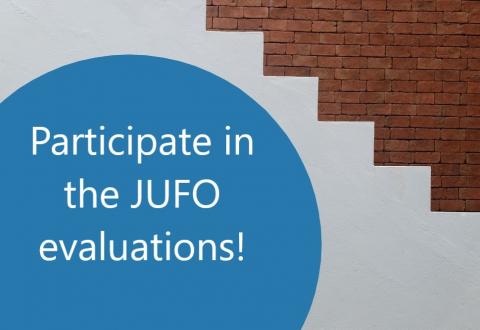 Image of stairs and text: "Participate in the JUFO evaluations!".