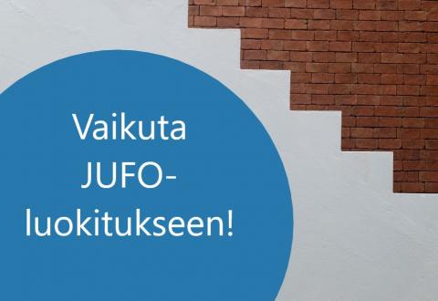 Kuvituskuva, jossa portaat ja teksti "Vaikuta JUFO-luokitukseen!".